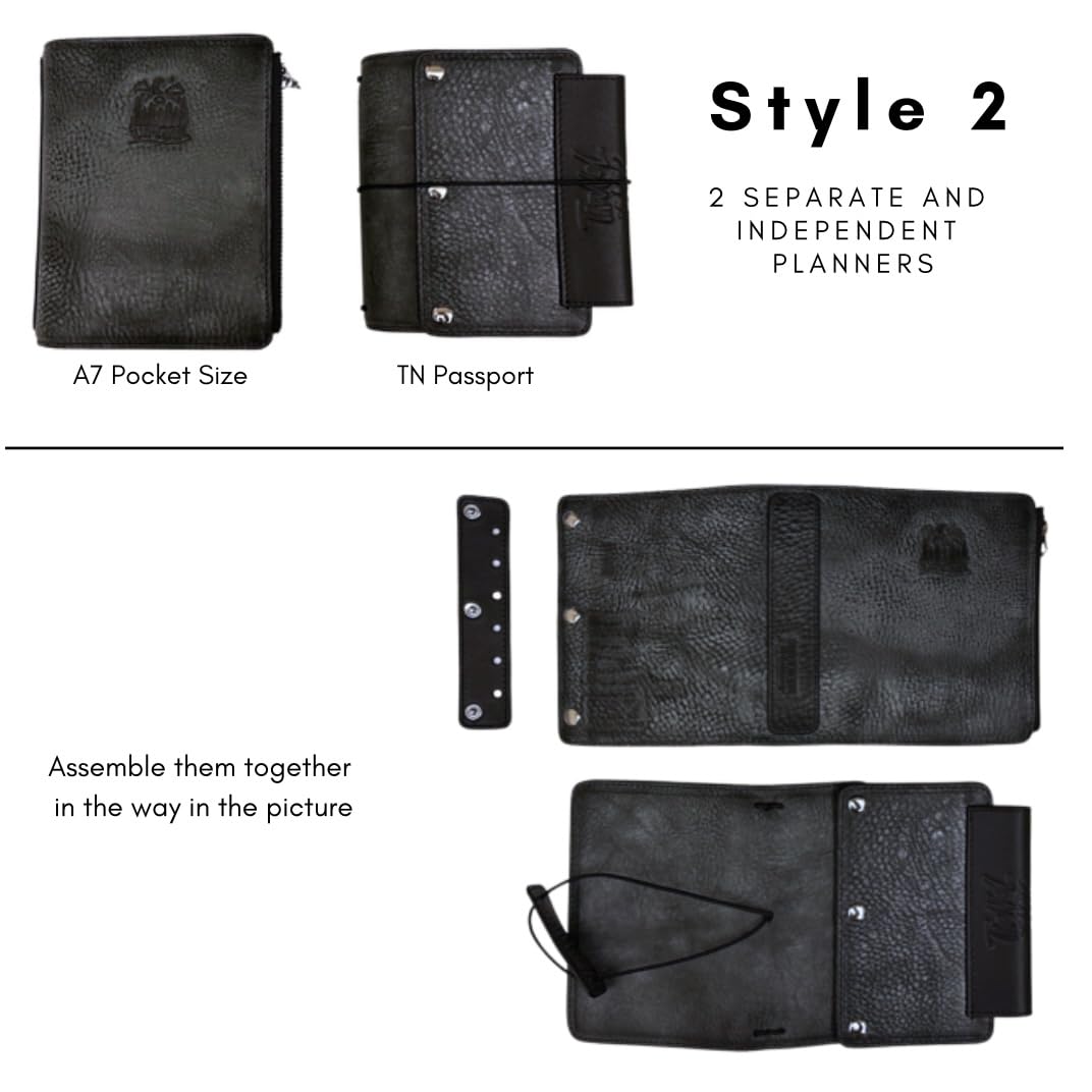 Agenda tascabile A7 in vera pelle italiana dell'Alaska, ricaricabile, agenda ad anelli Stalogy, stile 3 volte con raccoglitore ad anelli da 25 mm, compatibile con passaporto TN (cera nera)