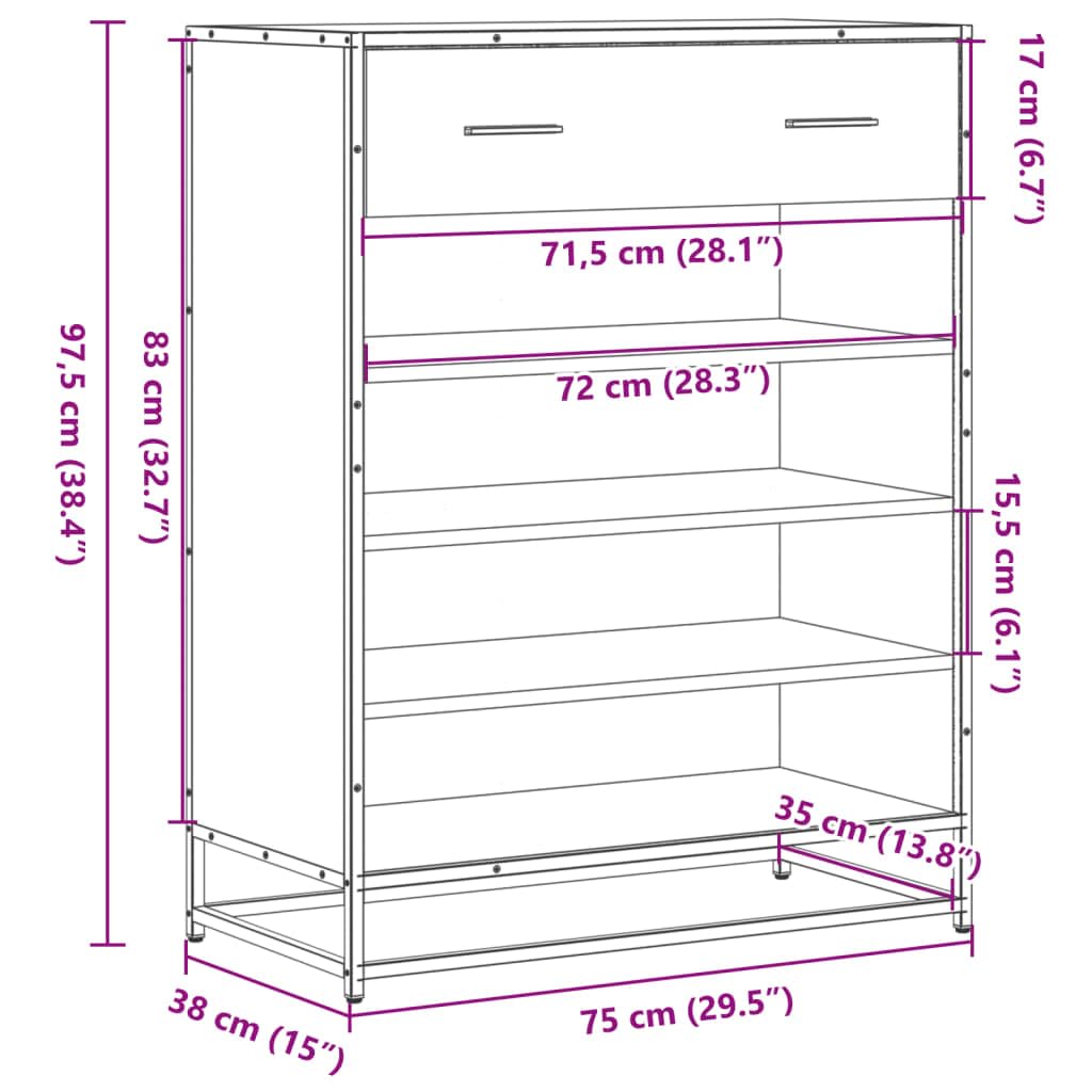 Szafka na buty dąb Sonoma metal 75 x 38 x 97,5 cm z 4 półkami i szufladą, zajmuje mało miejsca do korytarza, korytarza, sypialni, garderoby, zamknięta półka na buty