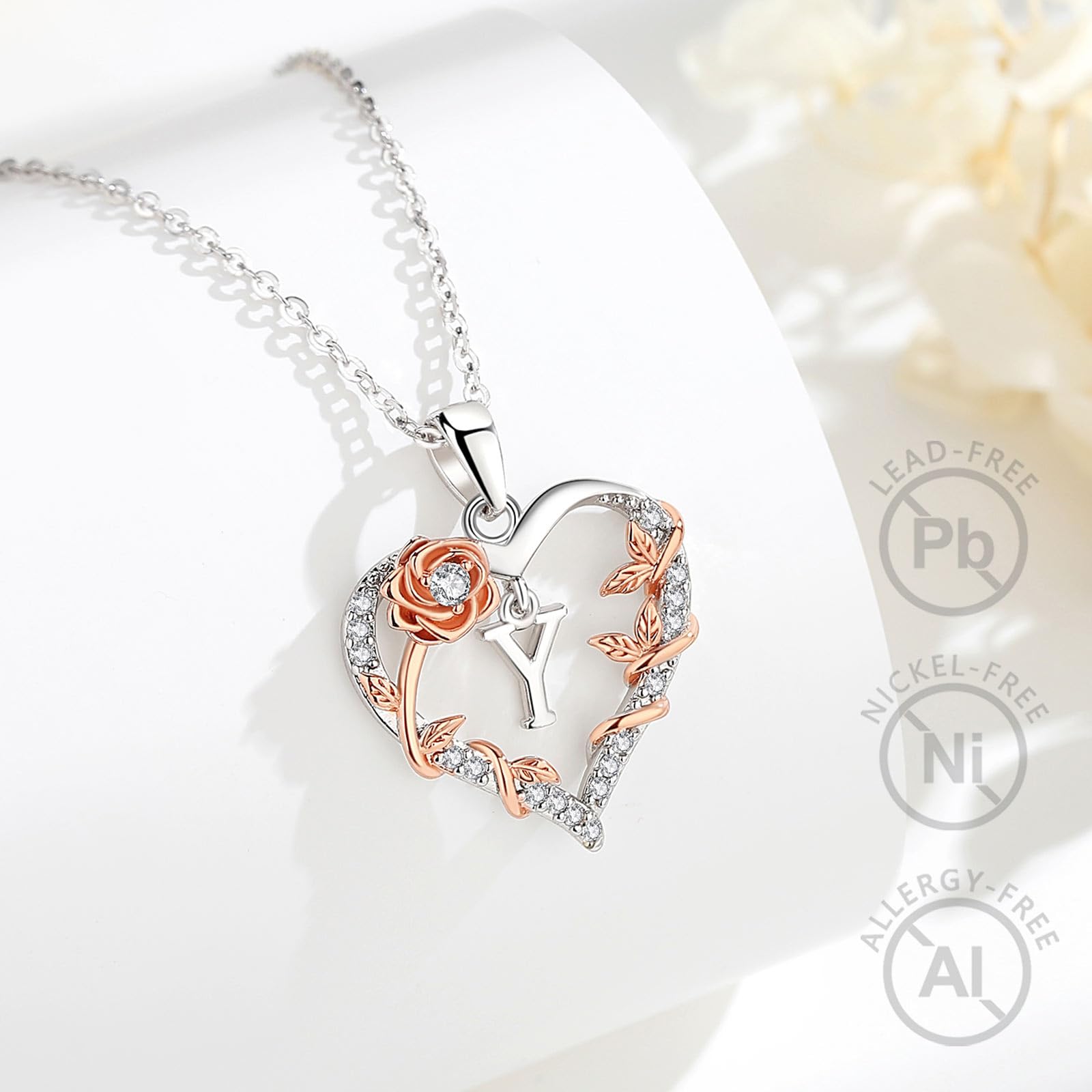 EUDORA Harmony Ball Collana con iniziali a Cuore Rosa per Donne, Lettera dalla A alla Z Collane con Iniziali dell'Alfabeto in Rame Placcato in Rodio Iniziali con Ciondolo Regali di Gioielli, 18"