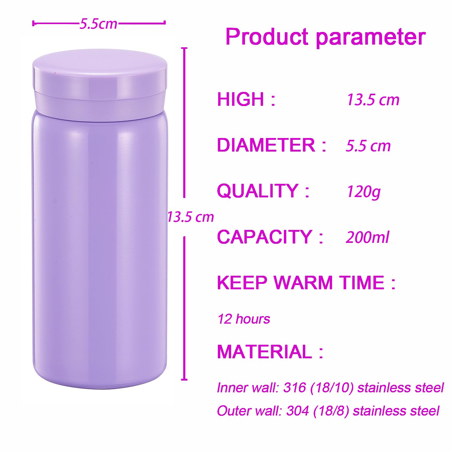 Small Flask, Cute Water Bottle, Vacuum Insulated Flask for Hot & Cold Drink, Keep 12H Hot & 6H Cold (Purple, 200ml) - Image 2