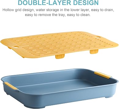 Double-Layer Plastic Dish Drainer Rack with Cutlery Filter Tray, Small Rectangular Drain Board in Deep Sea Blue for Kitchen Sink Bowl Drying and Fruit Storage