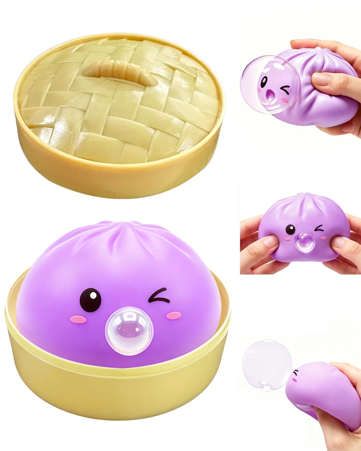 Dumpling Squishy with Steamer Box, 2026 Upgraded Squishy Dumpling Toy that Blows Bubbles, Mystery Dumplings Stress Relief Sensory Fidget Toy, Sensory Fidget Dough Cute Anxiety Relief Fidget (Purple)