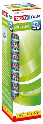 tesafilm eco & clear - Umweltfreundliches Klebeband - Klebestark, lösungsmittelfrei und alterungsbeständig - 10 m x 15 mm - 10er Pack