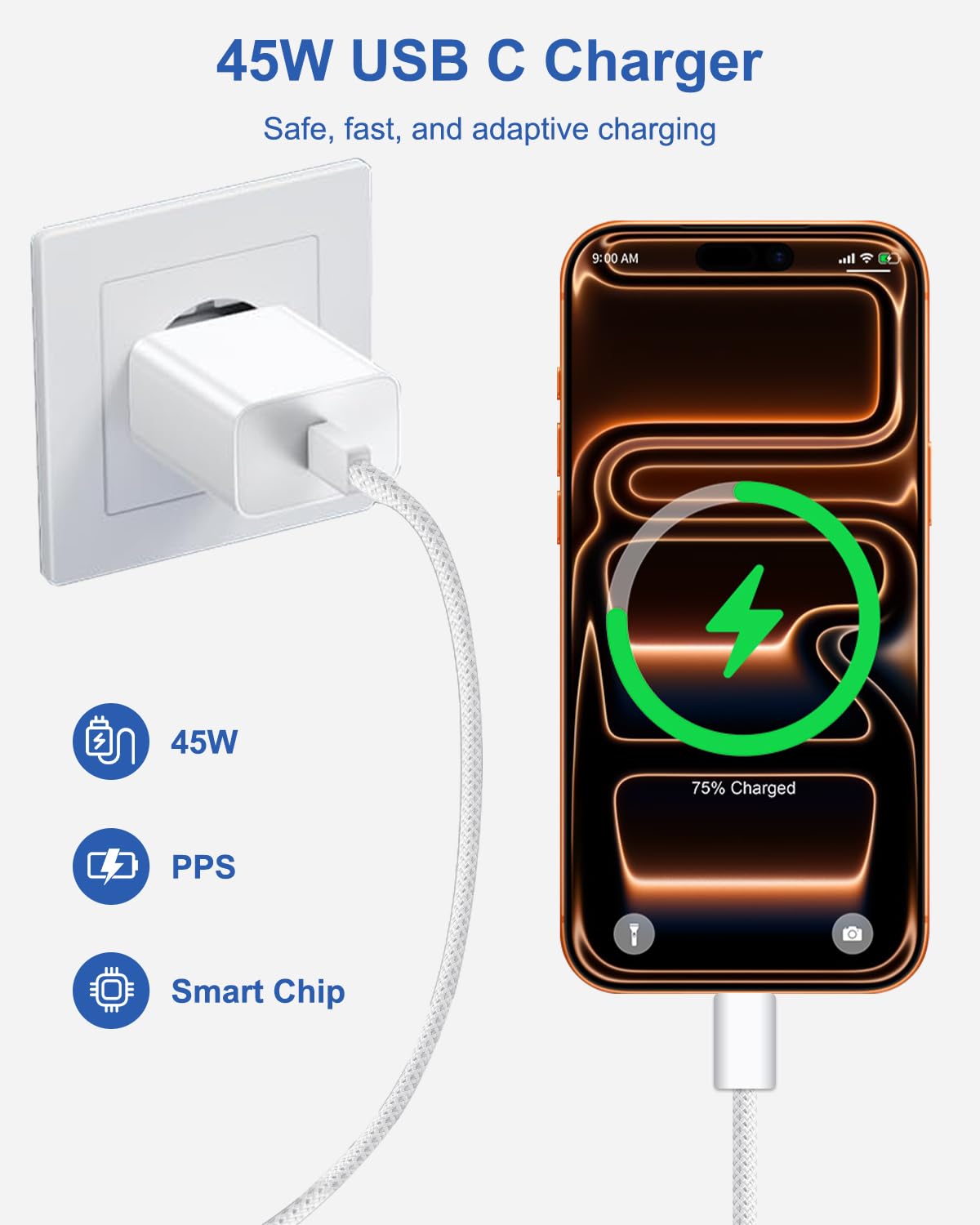 Ładowarka USB C 45W Szybka Ładowarka do Samsung Galaxy S26 S26+ S26 Ultra S25 S24 S23 S22 A56 A55 Z Fold 7 6,Wtyczka USBC z Kablem USBC 2M Adapter ładujący UsB C Zasilacz ładująca USb C Power Adapter