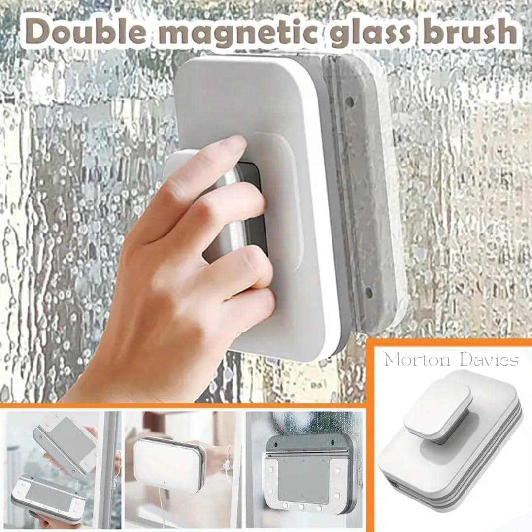 KEMLOZE Magnetic Window Glass Cleaner | Double-Sided Window Wiper with Strong Magnet | Double-Faced Glazed Glass Cleaning Tool with 2 Extra Cleaning Pads & Squeegee | Household Window Washing (White) 2