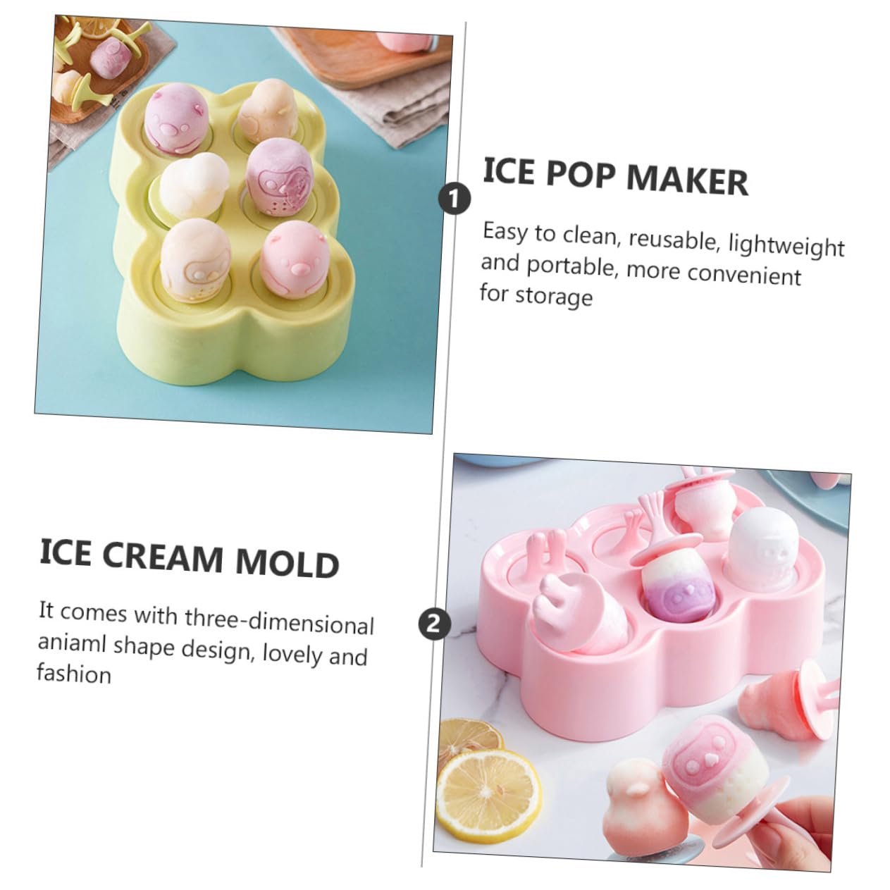 4 Moules à Glace en Silicone, Forme Animaux, Réutilisables et Légers, Faciles à Nettoyer, pour Préparation DIY de Glaces Maison