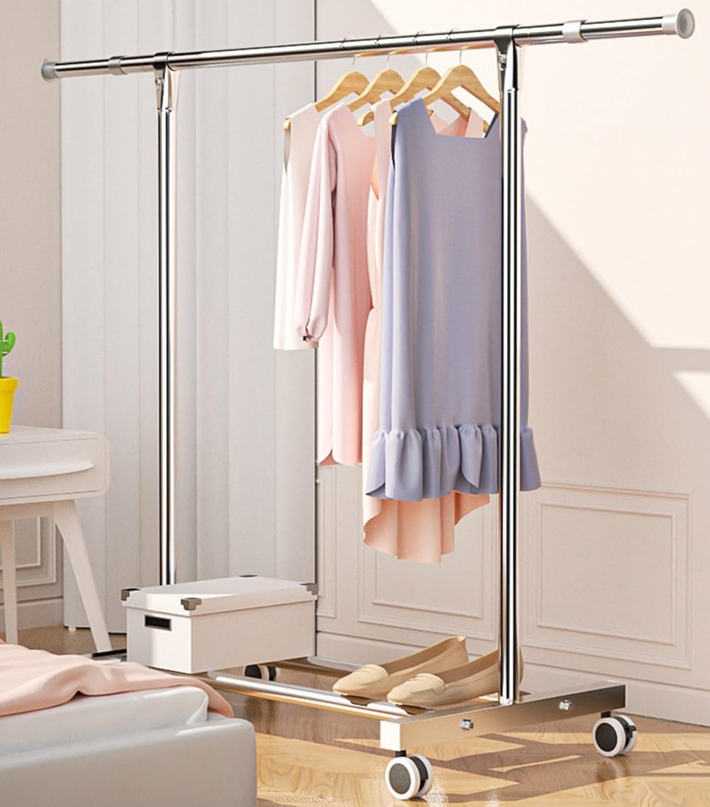 Burro Ropa de Acero Inoxidable con Ruedas, Organizador de Ropa Rodante, Perchero Colgador de Ropa Pesada con Estante y 4 Ruedas, Carga 60kg
