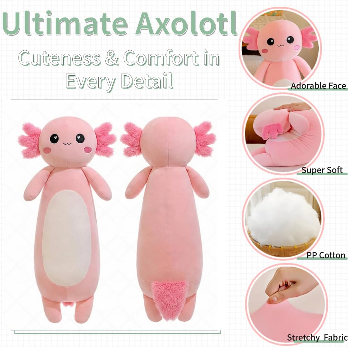 Long Axolotl Plush Pillow, Pink Axolotl Stuffed Animal for Girls and Boys Salamander Plush Toy Gift for Christmas (Pink, 65cm/25.59inch) - Image 3