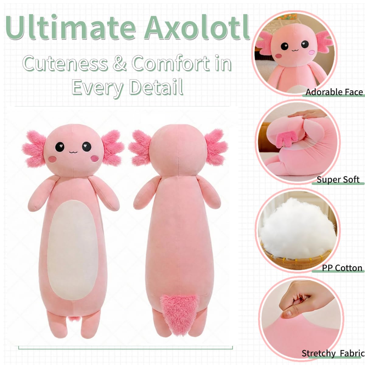 Kekeso Ajolote de Peluche Gigante, Almohada Larga para Abrazar, Peluche Suave para Niños y Niñas - Rosa, 100cm