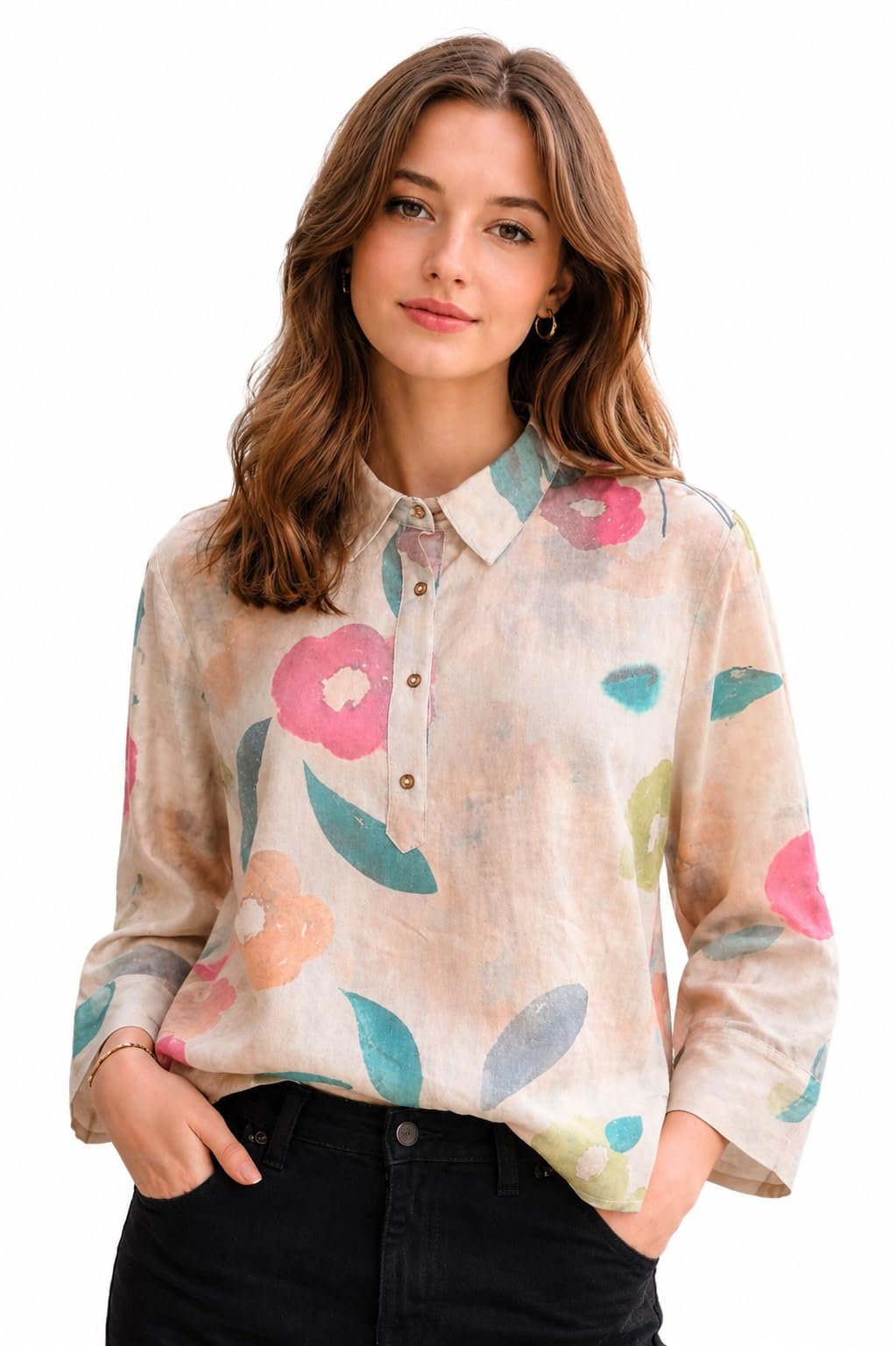 amazon brand - inkast Women Floral Printed Collared Casual Shirt Top-picture-30