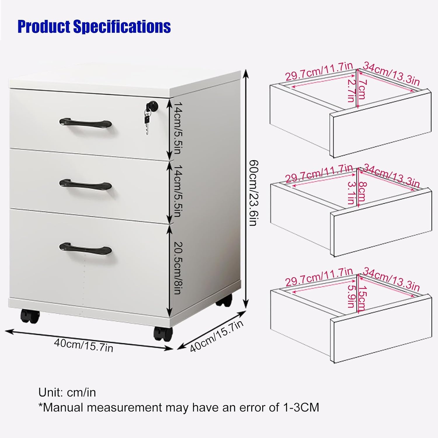 3-Drawer File Cabinet, Mobile Filing Cabinet with Lock, Under Desk File Organizer for Home Office, Fits Letter/Legal/A4 Files Under Desk, Fully Assembled Except Casters(Black+White)