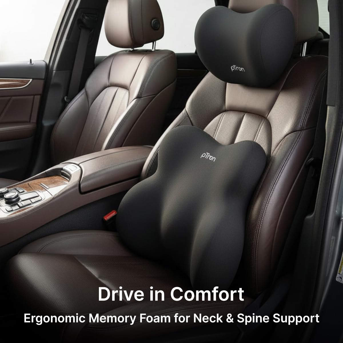 pTron Ergova S3 Memory Foam Car Neck & Lumbar Support Cushion Set for Driving, Ergonomic Design for Long Drive Comfort, Universal Fit for All Cars (Black)