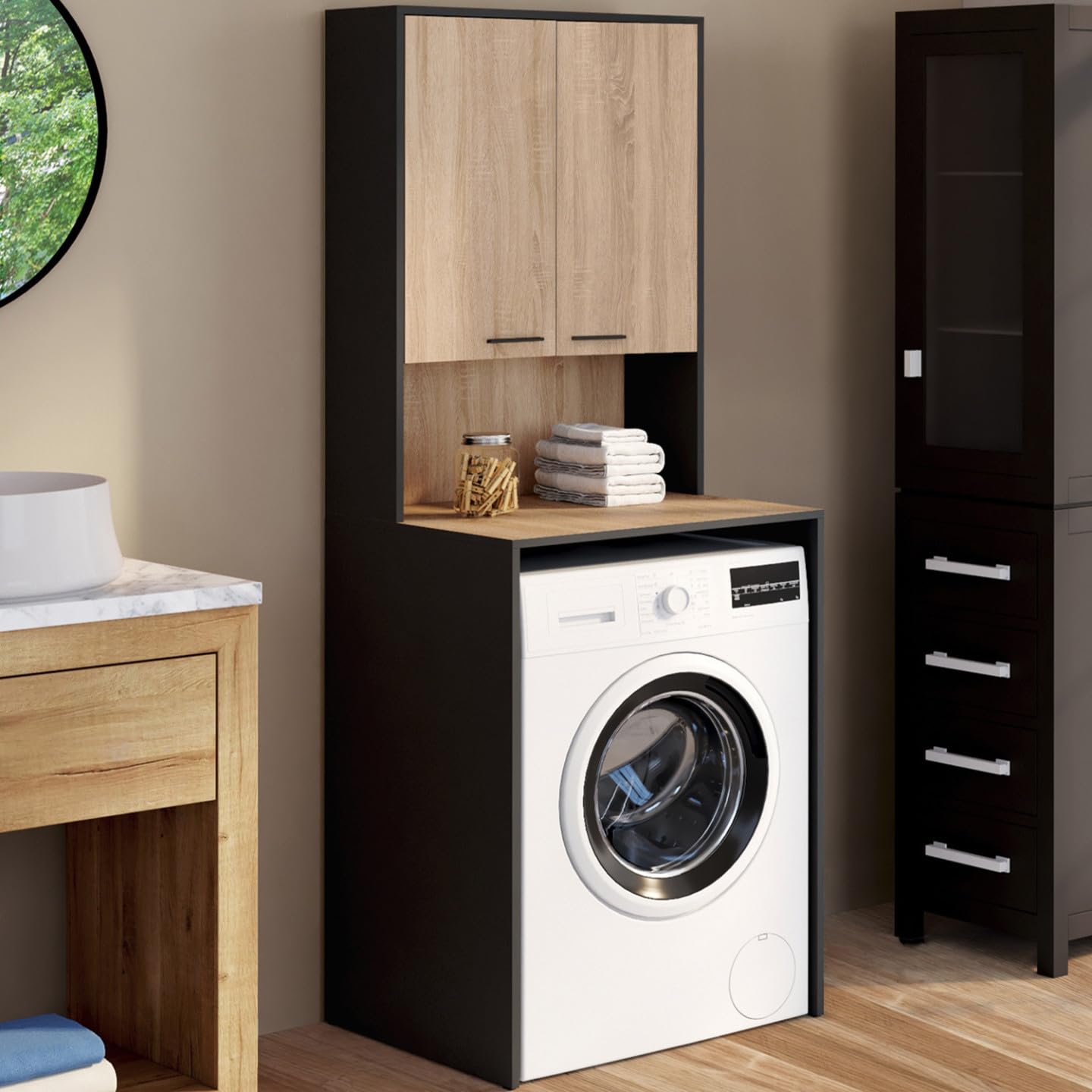 IDMarket - Meuble Dessus de Machine à Laver Wallis avec Placard Noir et Bois façon hêtre