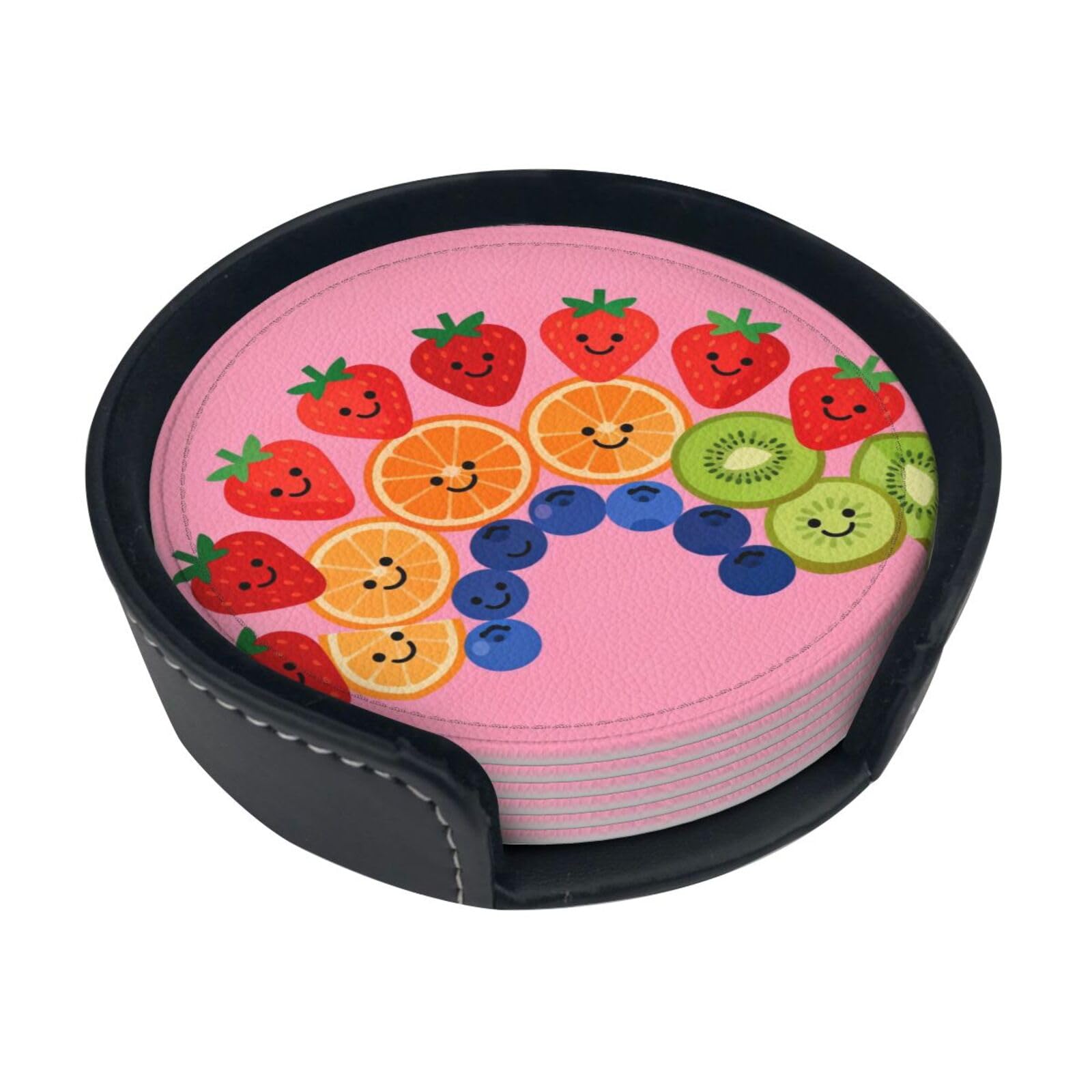Cntdbu White Fruit Platter Leather Coasters Set Of 6-Pu Leather Drink Mats For Table, Heat Resistant Round Coasters With Holder