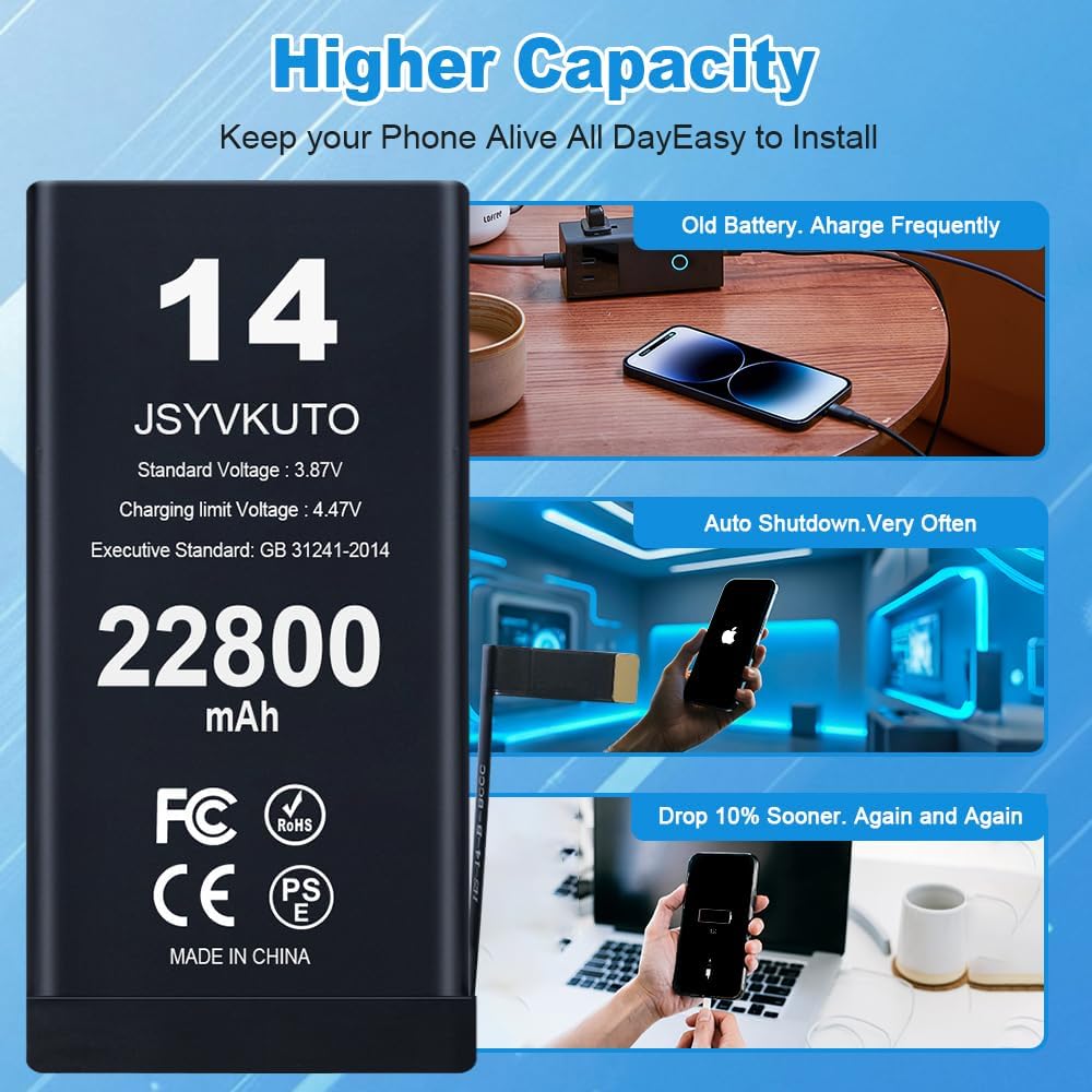 22800mAh Battery for iPhone 14, New 0 Cycle Upgraded Higher Capacity Replacement Battery for iPhone 14 with Full Set Repair Tool Kit, Model A2882, A2649, A2881, A2884, A2883