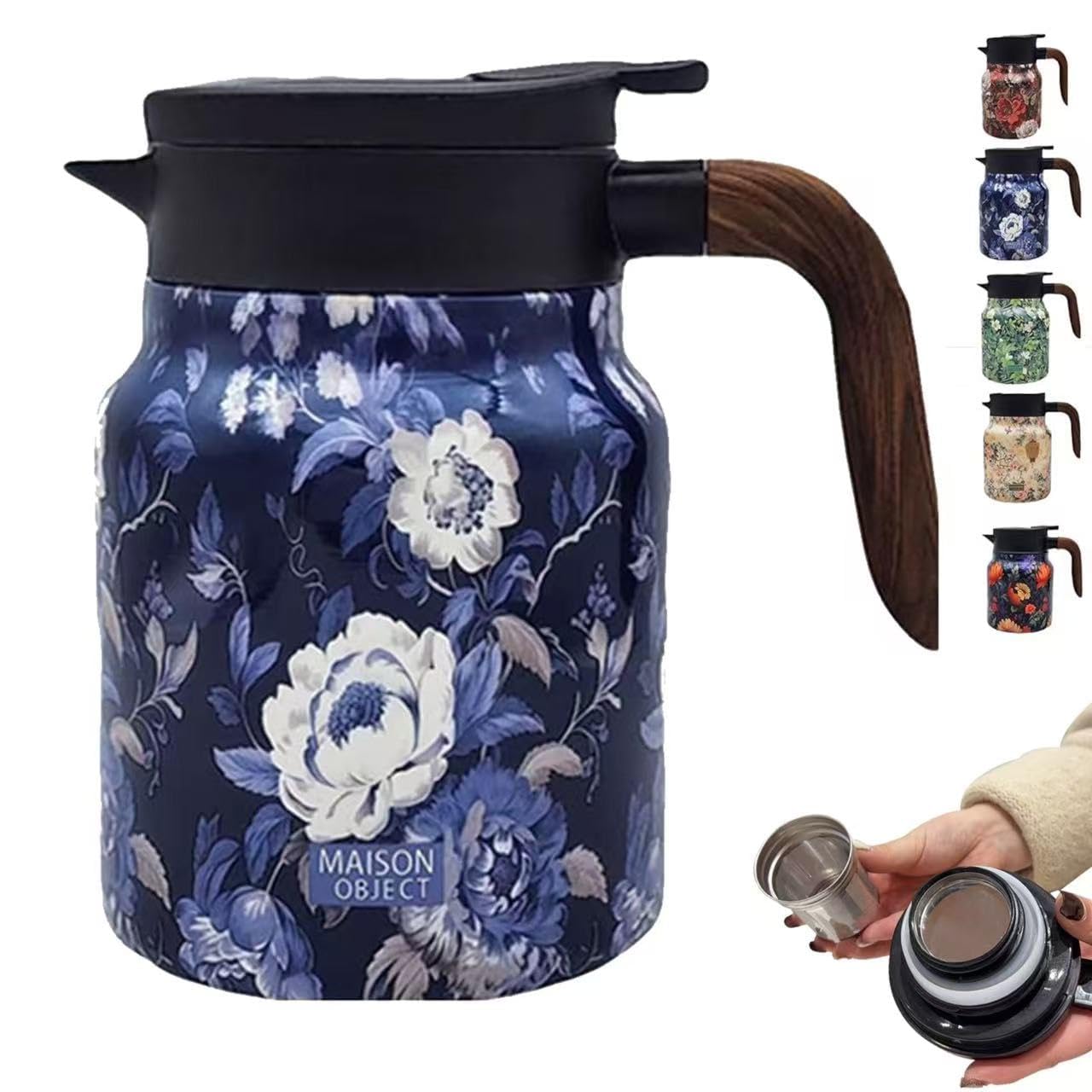 Raidley Vintage Floral Pattern Tea Thermos, Doresty Thermos Tea Pot, Stainless Steel Thermal Carafe with Lid for Hot Drinks, Mini Hot Coffee Pot for Office Living (A)