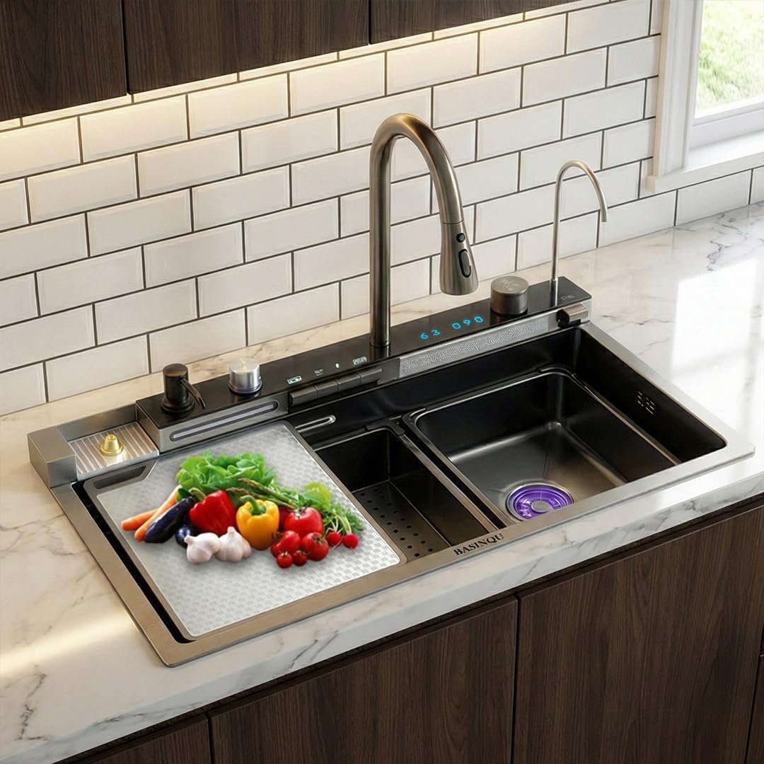 BASINQU BASINQU Piano Sink Kitchen 30x18x9 Inch Waterfall Kitchen Sink | 304 Grade Stainless Steel Kitchen Sinks For Kitchen Basin with Integrated Waterfall & Pull Down Faucet Smart Kitchen Sink