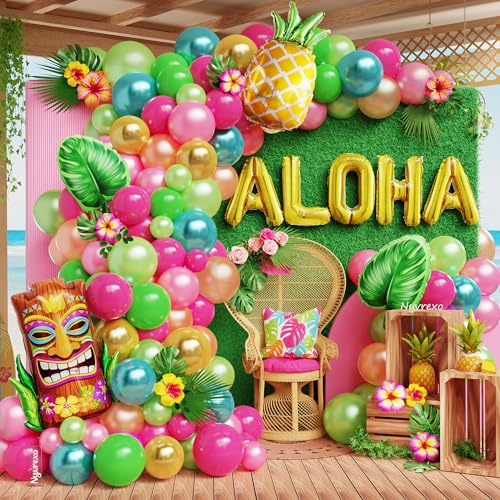 153Pcs Tropical Balloon Arch Garland Kit Hawaiian Luau Party Decorations Hot Pink Green Rose Gold Aloha Tiki Pineapple Palm Leaves Foil Balloons for Summer Beach Baby Shower Birthday Decorations