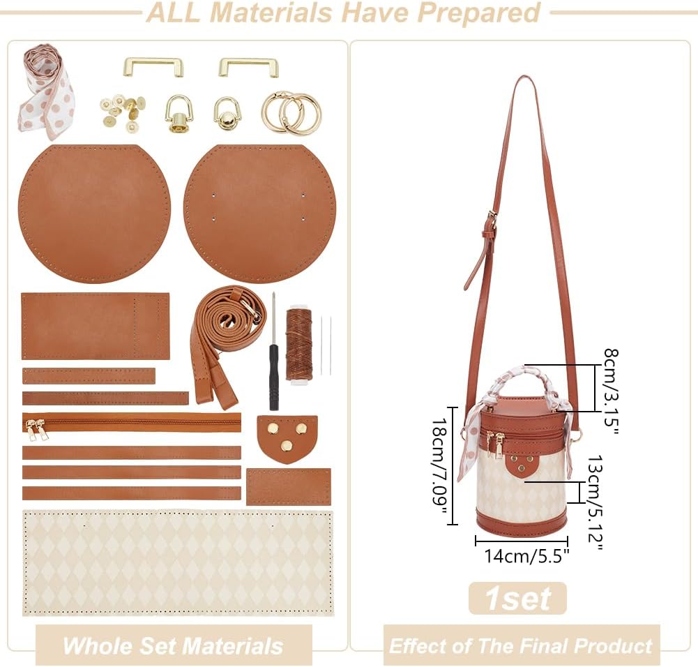 WADORN DIY PU Leather Crossbody Bag Making Kit, Shoulder Bucket Bag Making Set for Purse DIY Making Handmade Stitch Leather Bag Making Materials for DIY Handbag Accessories Shoulder Bag Making, Sienna