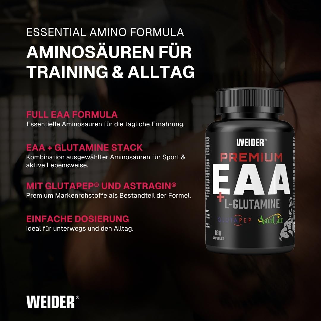 Weider Premium EAA + L-Glutamine Caps, 180 Kapseln | Alle 9 Essentiellen Aminosäuren, Mit L-Glutamin, Glutapep Peptiden & AstraGin, Pre Workout