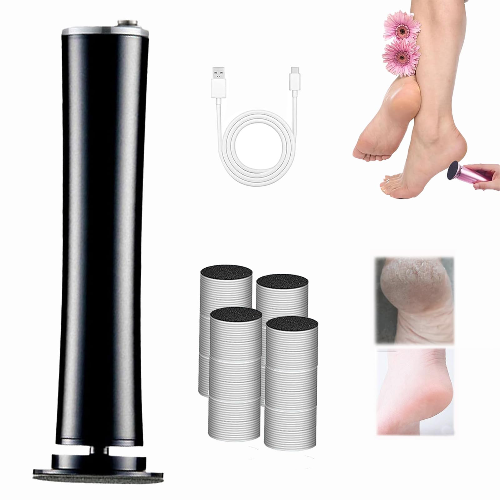 Dermaglide Hornhaut Entferner, Dermaglite Pro Hornhautentferner Für Zuhause, Derma Glide Hornhautentferner, Fußfeile Elektrisch With 120 Pieces Sandpaper Pads, Für Rissige, Trockene Hornhaut (Schwarz)