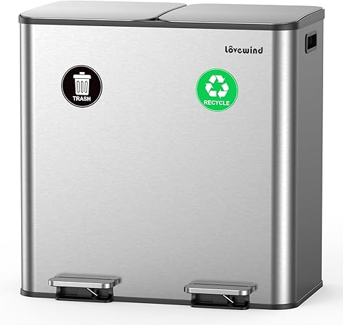 Lovewind Bote de basura, 2 botes de basura de 10.5 galones (2 x 40 L) para cocina, doble compartimento, reciclaje de cocina, cubo de basura de acero