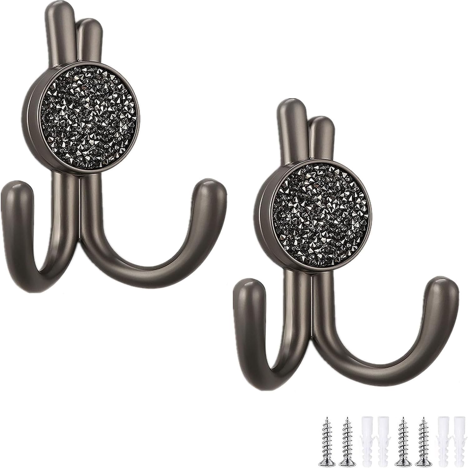 Wall Hanging Hooks， Coat Hooks,Door Hook, Hat 2 Pack Metal Double Bunny with Shiny Diamonds Wall-Mounted Decorative Hanger for Hanging Clothes Jackets Hats(Gray+Black Diamond)