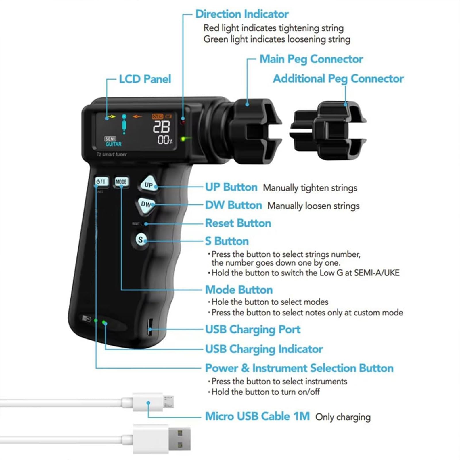 Afinador de guitarra, afinador eléctrico automático con pantalla LCD, profesional para guitarras acústicas y eléctricas, batería integrada de 2600 mAh, incluye cargador de guitarra