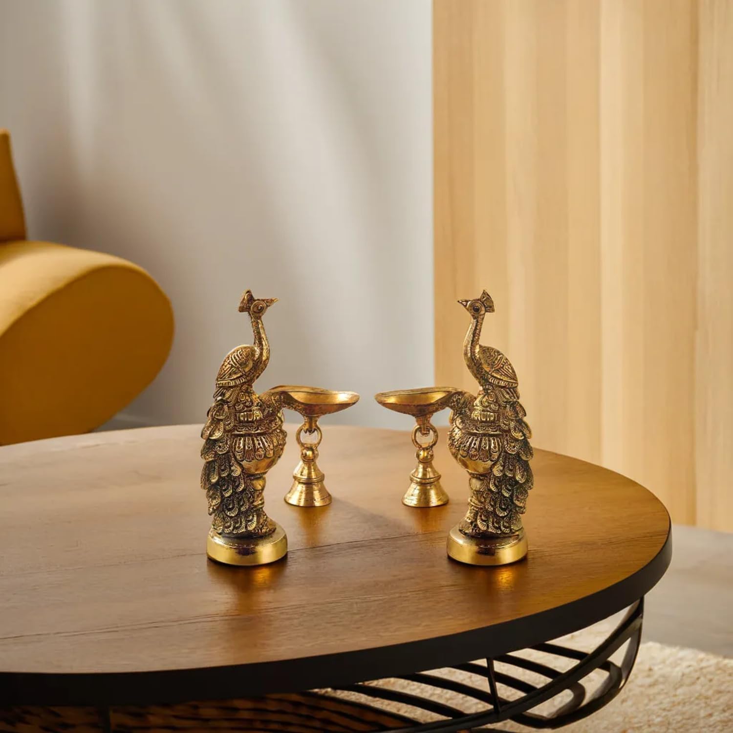 Kartique Brass Peacock Decorative Diya with Traditional Bell Antique Deepak Design Table Decor with Stand for Home Diwali Gift Temple Pooja Gold Color Height 6.5 Inch Set of Two
