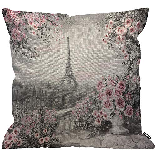 HGOD DESIGNS Housse de coussin Motif Tour Eiffel Paris Rose Gris Rose Décoration d'intérieur pour homme/femme Salon Chambre Canapé Chaise 45 x 45 cm