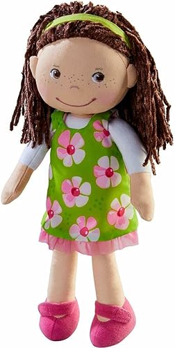 HABA Coco - Muñeca de bebé suave de 12 pulgadas con pelo castaño, cara bordada, vestido verde extraíble, diadema a juego, lavable a máquina, 18