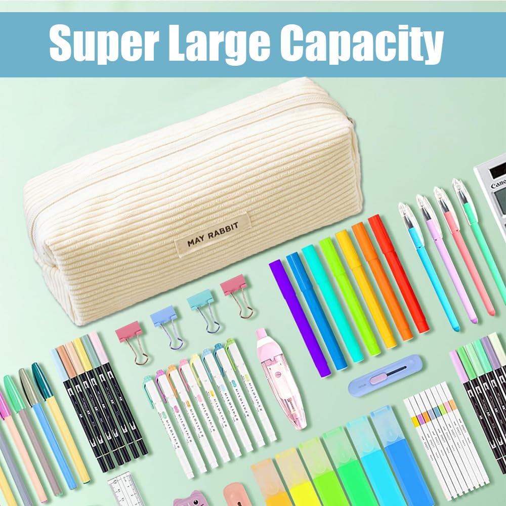 Topfunyy Cute Pencil Case Beige Corduroy Student Large Pen Pouch Bag Cosmetic Bag Office Stationery Organizer for Teenage Boys Girls - Image 4