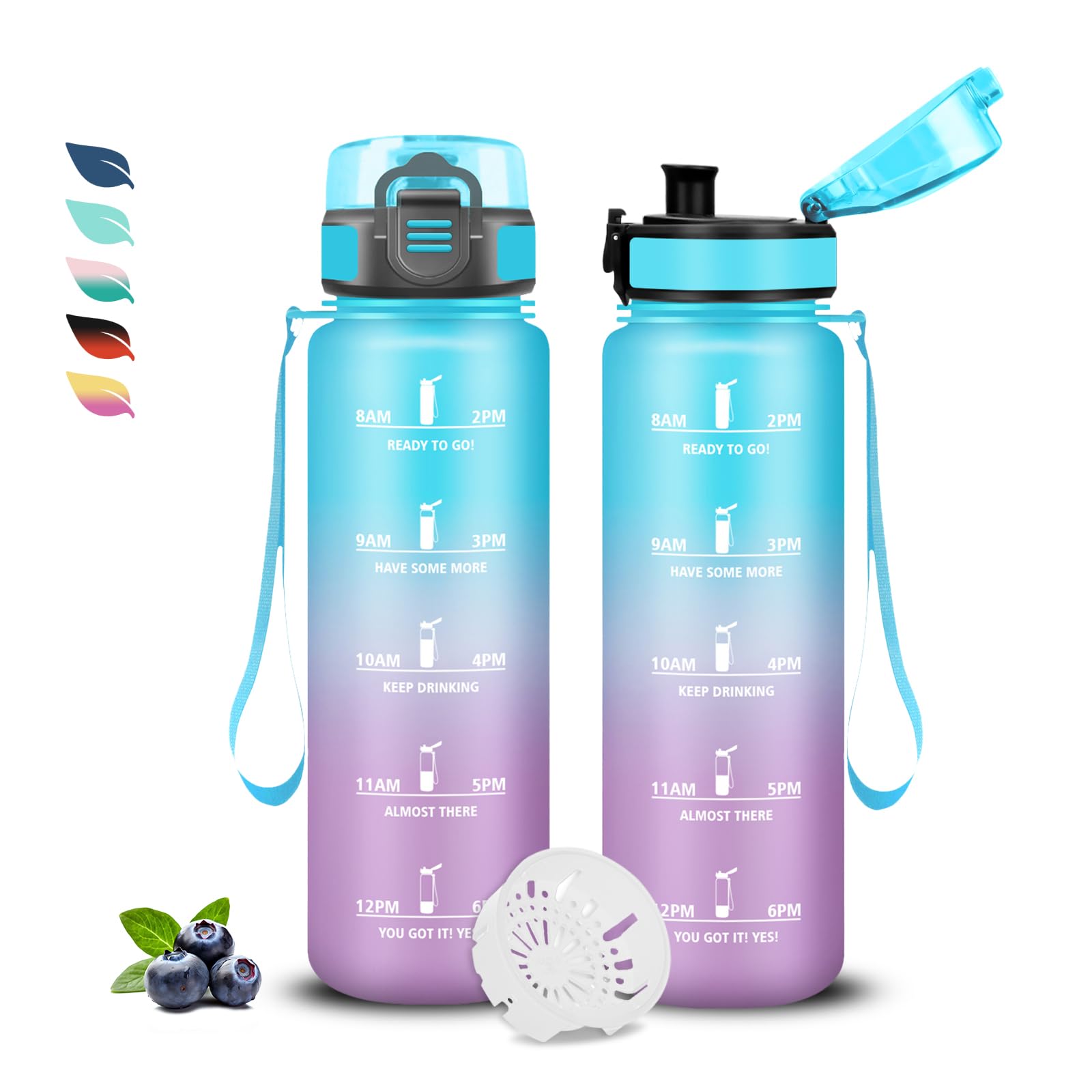 Trinkflasche Kinder- 500ml- Trinkflasche, Trinkflasches mit Zeitmarkierung, Trinkflasch Kohlensäure Geeignet, Leicht zu Reinigen, Trinkflasch mit Uhrzeit, Flasche für Büro, Camping, Outdoor, Running