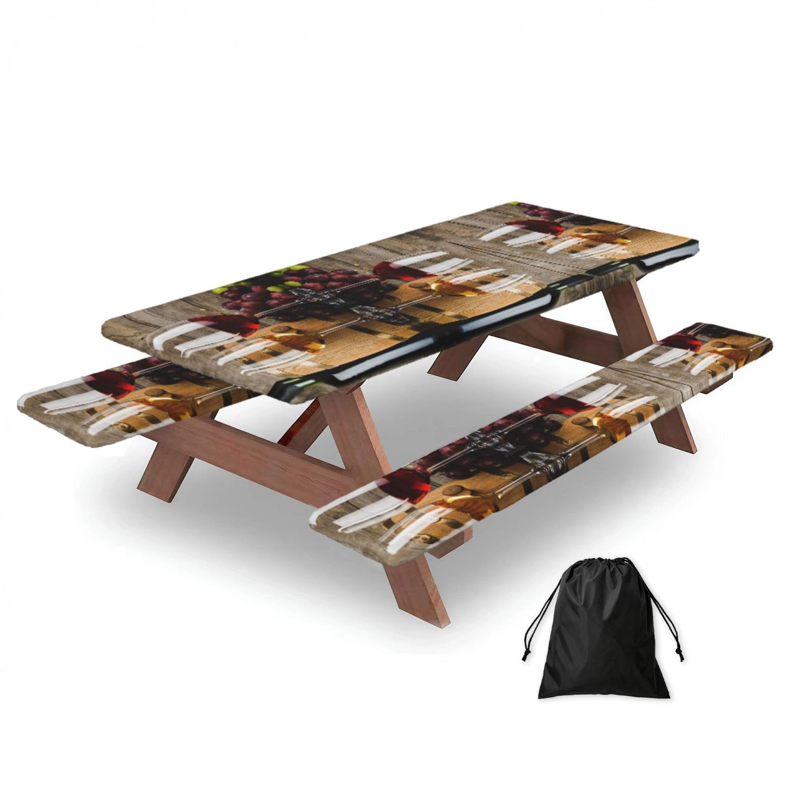 EZDLOWVBA Art Red Wine Galsses & Grapes Print Picnic Table Cover With Bench Covers Waterproof Fitted Picnic Table Outdoor Elastic Picnic Tablecloth Outdoor Camping Essentials(3pcs)