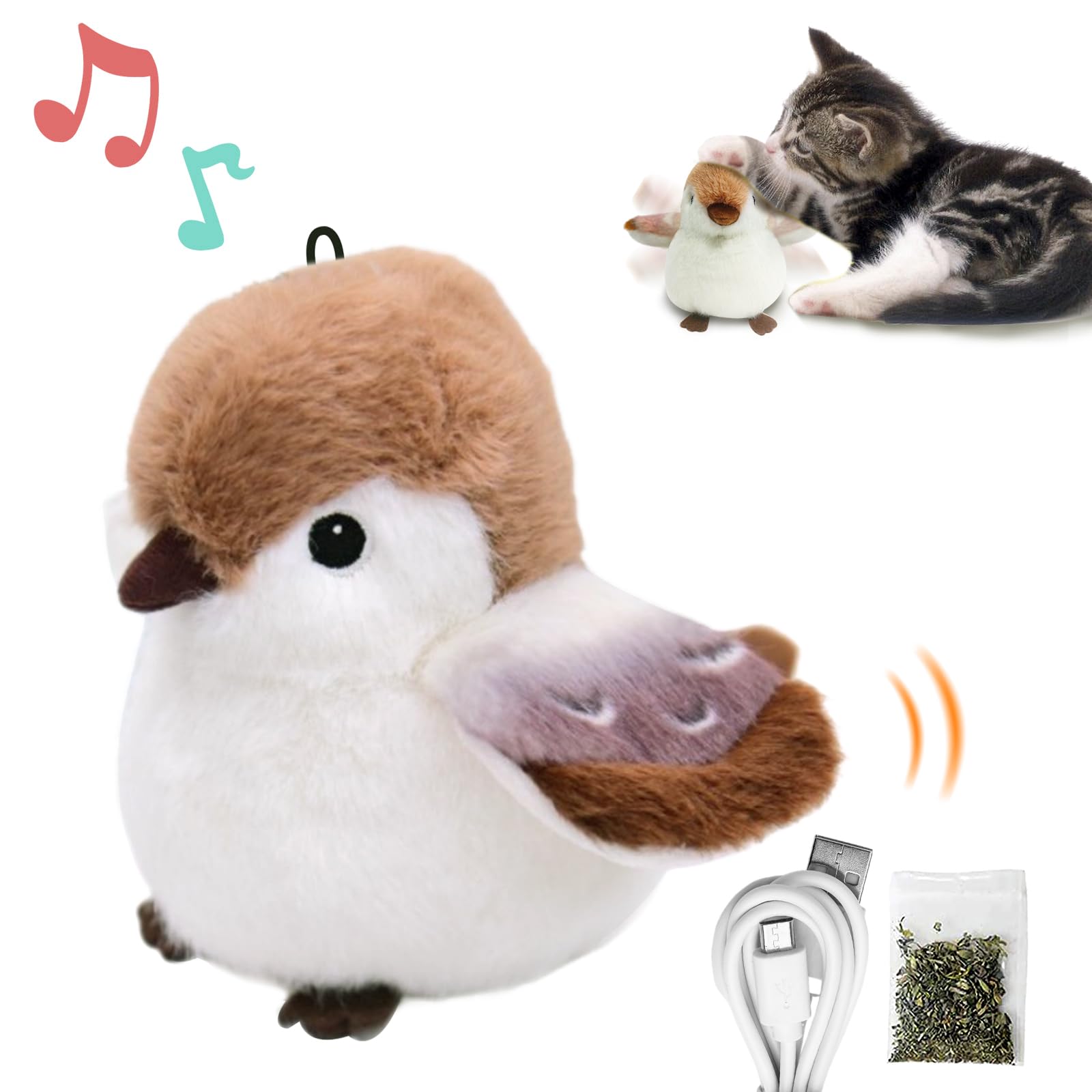 Cat Toys, Flapping Wings Cute Sparrow, No Flying, Chirping Bird Interactive Catnip Toy for Kitten or Small Dogs, Touch Activated, Rechargable