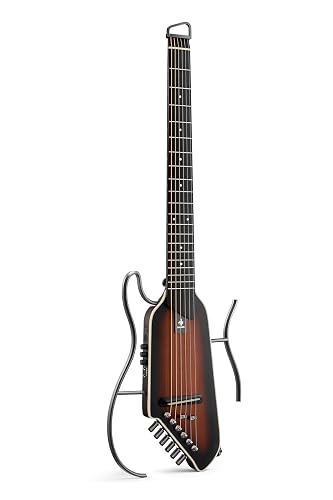 Donner HUSH I EVO2 Acoustic Electric Travel Guitar (Sunburst) | Portable Headless Quiet Practice Guitar, Ultra-Light, Mahogany Body with Built-in Tuner, Detachable Stands & Headphone Jack