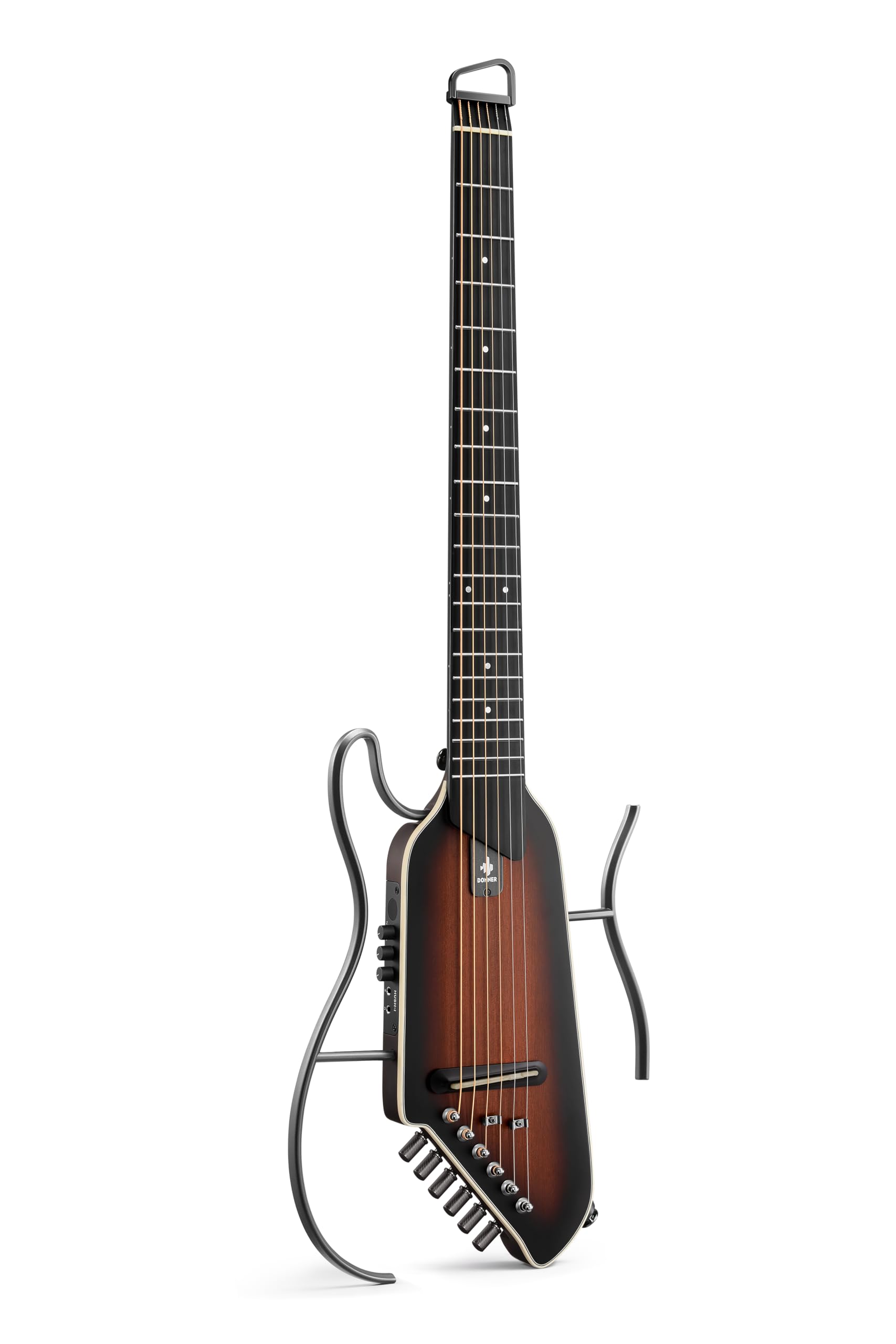 Donner HUSH I EVO2 Acoustic Electric Travel Guitar – Portable Headless Quiet Practice Guitar, Ultra-Light, Mahogany Body with Built-in Tuner, Detachable Stands & Headphone Jack - Sunburst