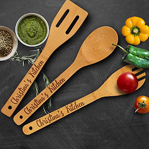 P Lab Personalized Utensil Set, Custom Name's Kitchen - Spoon, Slotted Spoon,