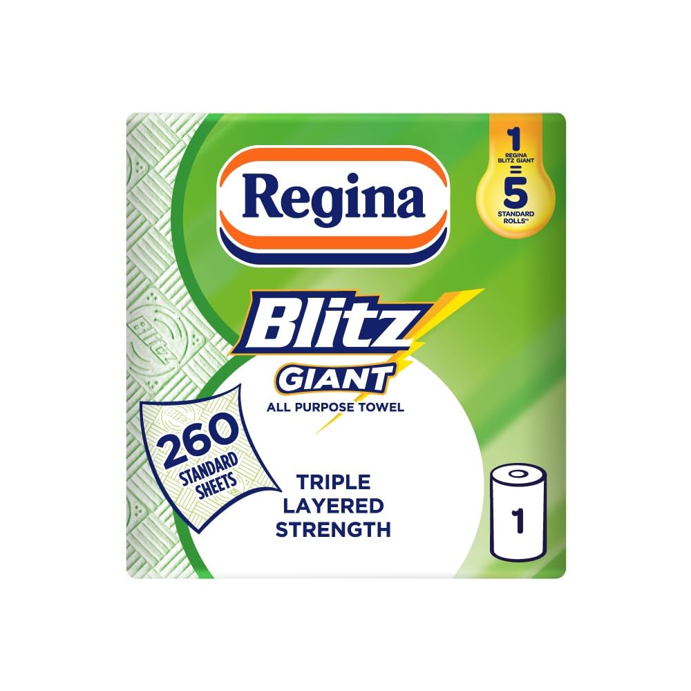 Regina Blitz Giant – 1 Roll Multi-Purpose Household Towels, 3 Ply, 260 Sheets Per Roll, Triple Layered Strength, Household Towels Made With Virgin Pulp, Recyclable Paper Packaging, and FSC Certified