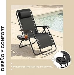 Weida Home Tumbona Plegable para Exterior | Reposapiés y Cojín Ajustable | Silla Reclinable Bandeja Lateral para Bebidas, Móvil y Libros | para Terraza, Camping, Playa, Piscina (Gris)