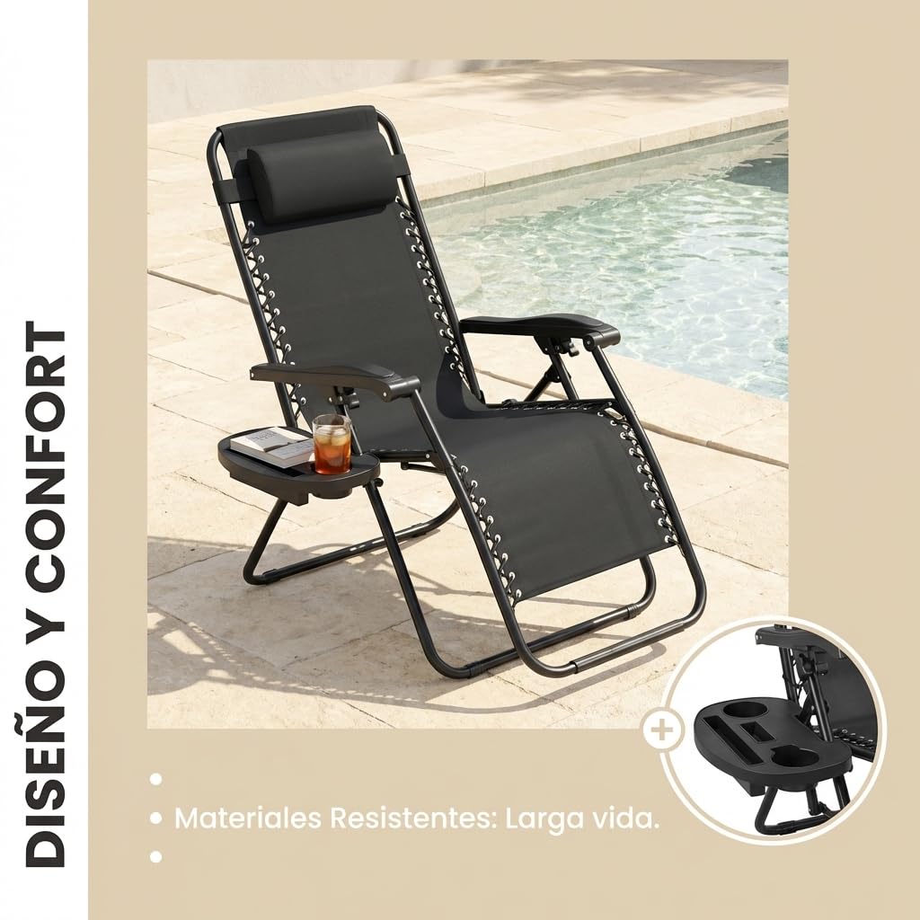 Weida Home Tumbona Plegable para Exterior | Reposapiés y Cojín Ajustable | Silla Reclinable Bandeja Lateral para Bebidas, Móvil y Libros | para Terraza, Camping, Playa, Piscina (Gris) - 2