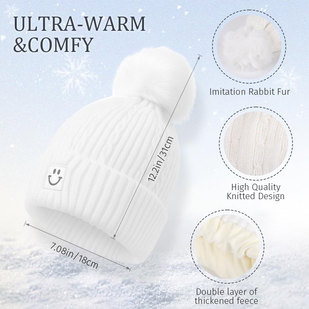 Zibuyu Winter Cap for Women, Wool Yarn Beanie, Pom Detail, White