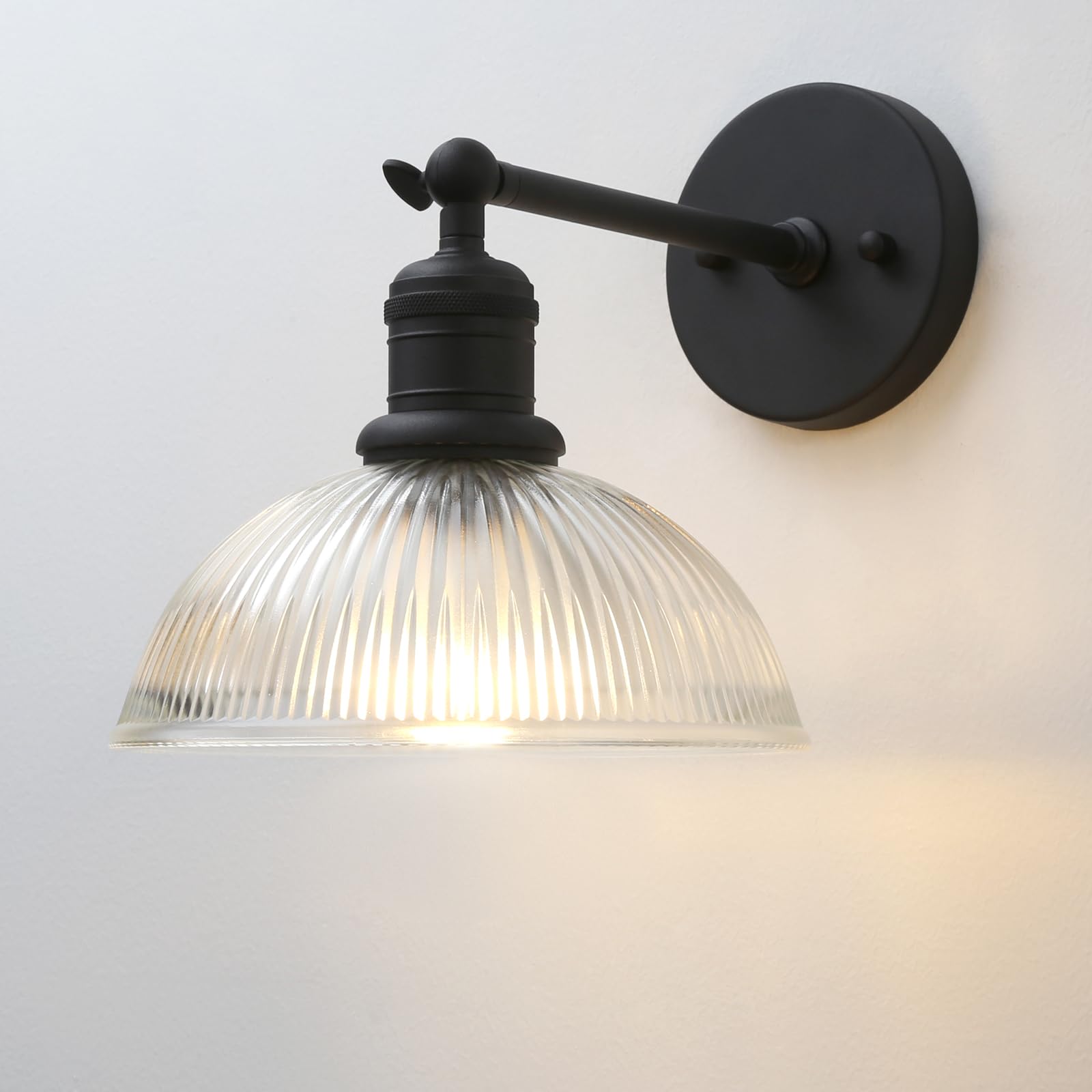 Yosoan Industrial Wall Light with Clear Ribbed Glass Shade, Dome Wall Light for Kitchen Bedroom Living Room (Black)