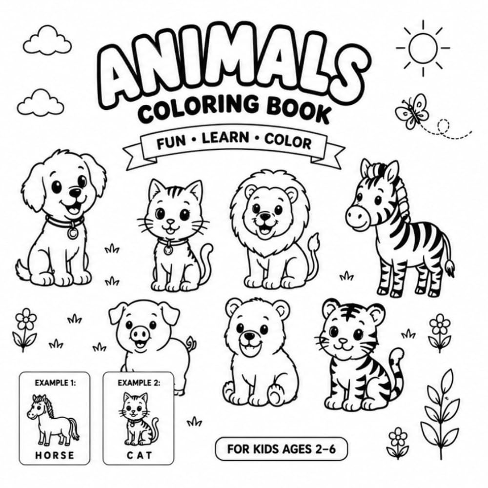 ANIMALS COLORING BOOK: 20 cute domestic and wild animals drawn in a simple cartoon style