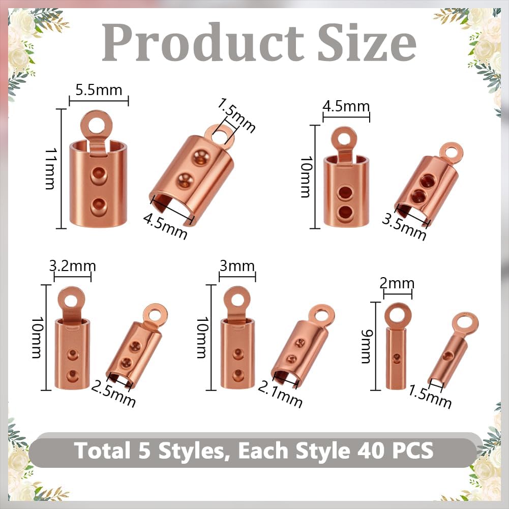 AHANDMAKER 200pcs Stainless Steel Jewelry Crimp Ends 5 Size Fold Over Cord Tubes for Bracelets Leather Jewelry Making Christmas Craft Decoration, Rose Gold