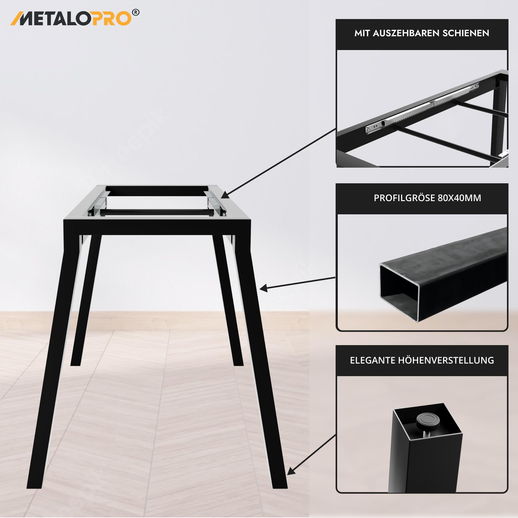 Estructura de Mesa Extensible, 140 x 70 x 72 cm, Estable y Resistente, Negro, Mesa de Comedor y Cocina, Patas de Mesa, Patines, Mesa de Salón