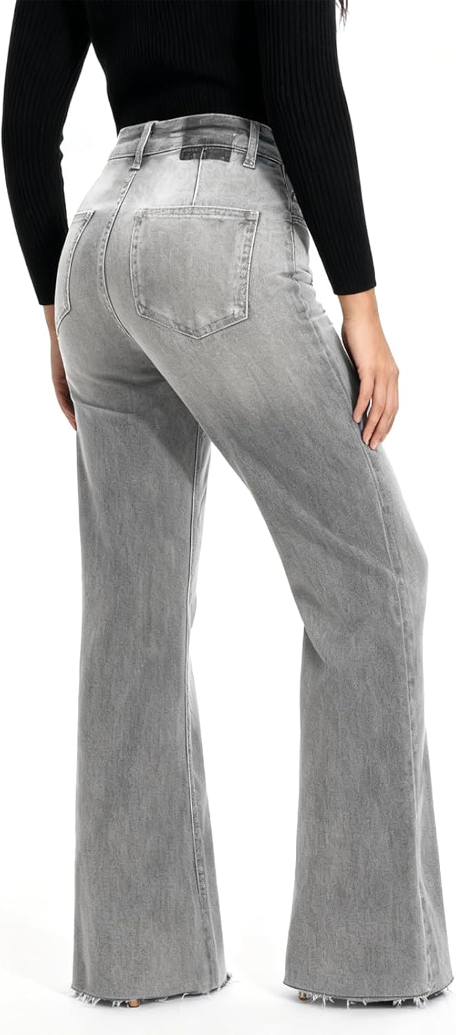 ONESO Wide Leg Jeans for Women High Waisted Stretchy Baggy Jeans BBL Loose Fit Tummy Control Denim Pants Raw Hem Casual