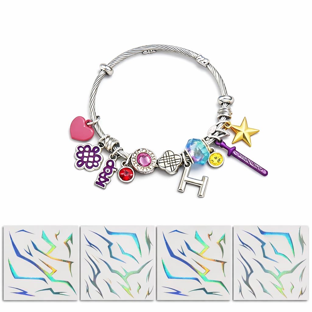 FAIZK KPop Inspired Charm Bracelet for Women, Adjustable Fan Jewelry Set Options with 42 Temporary Tattoo Designs or 60 Vinyl Stickers, Aesthetic Gift