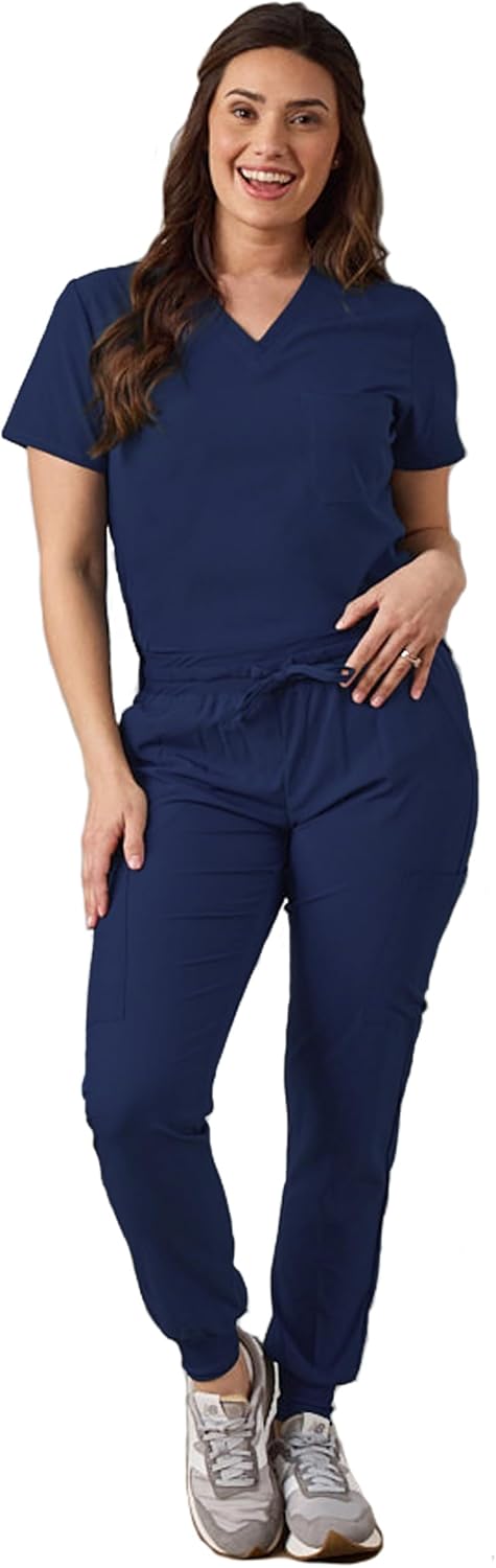 Green Town Scrubs for Women Scrub Set - Slim Fit Jogger Pant and Tuck-In V-Neck Top, 5 Pockets, Easy Care Uniform