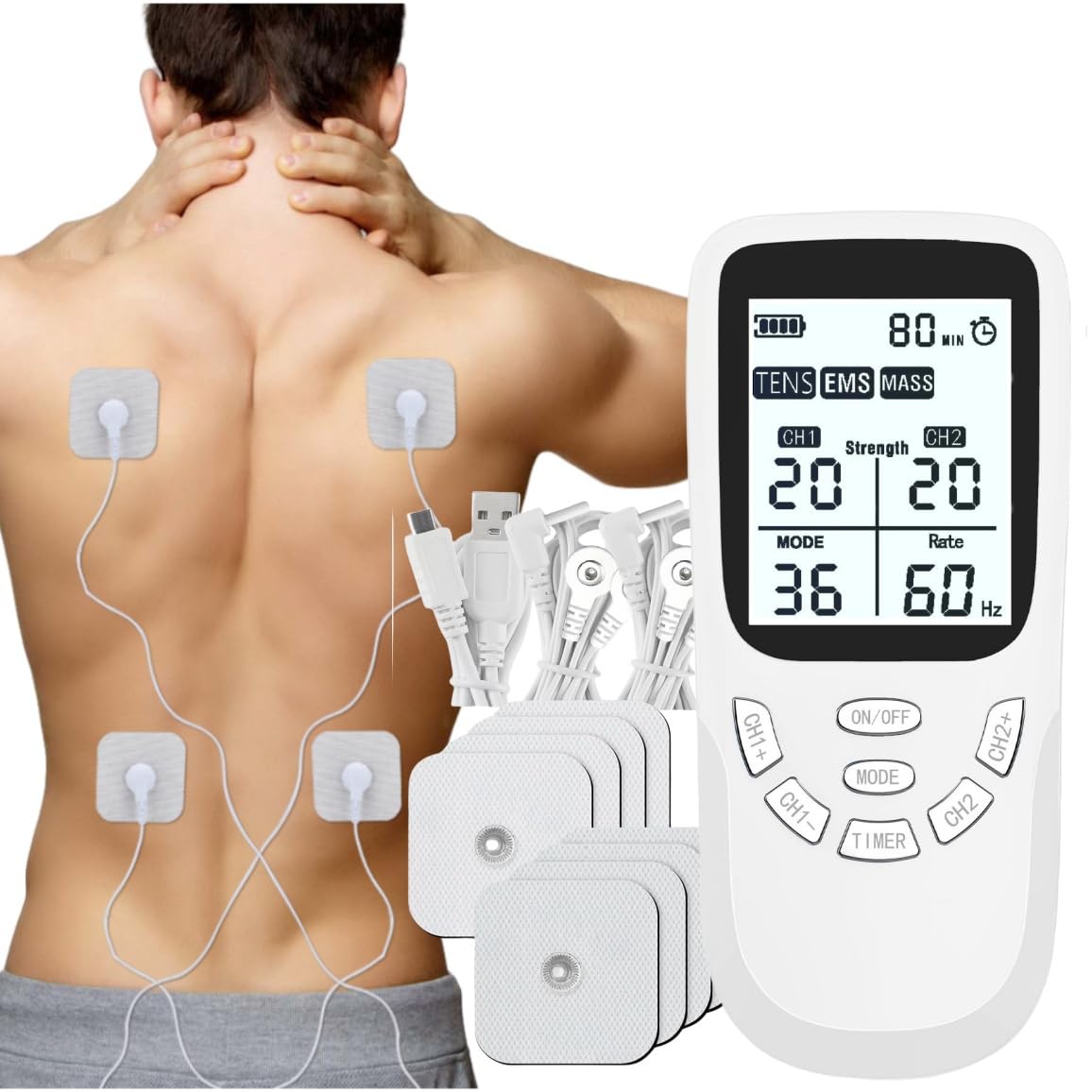 TENS Professionale Elettrostimolatore Muscolare Ricaricabile con USB–36 Programmi,40 Livelli di Intensità,Sollievo Dolore Cronico e Acuto,Rilassare per Schiena,Cervicale,Articolazioni,Sciatica e Corpo